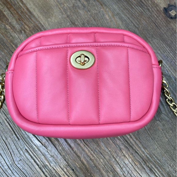 New ~ Coach Small Camera Bag With Quilting Watermelon Brass  Soft Calf Leather - Picture 6 of 9